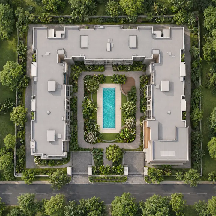 Vaswani Bagalur aerial view of an apartment building of three blocks around a central courtyard, artist's impression Vaswani Bagalur aerial view of an apartment building of three blocks around a central courtyard, artist's impression