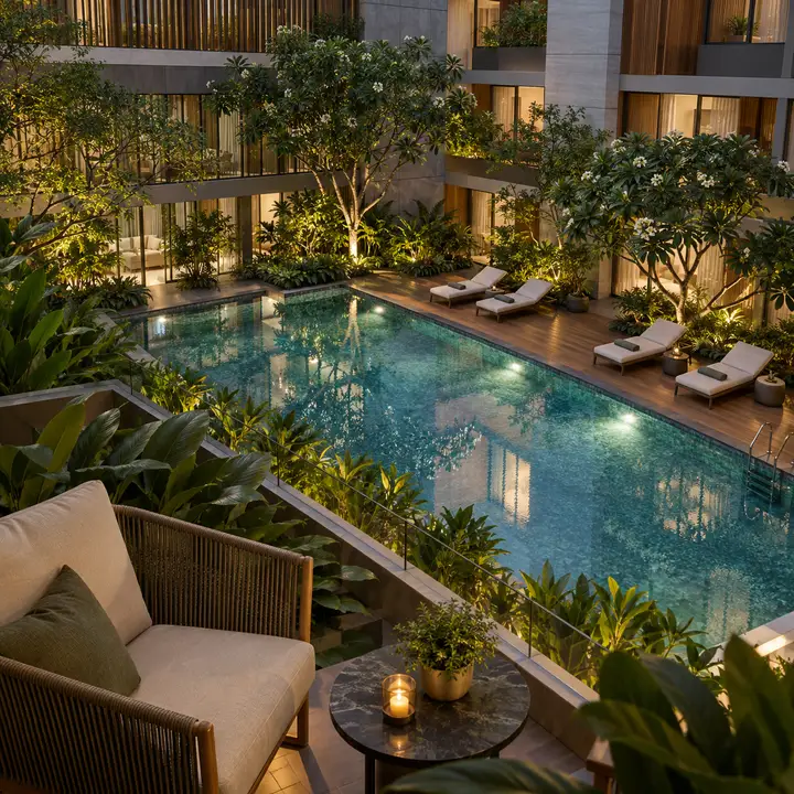 Vaswani Bagalur central courtyard seen from a first-floor deck, artist's impression Vaswani Bagalur central courtyard seen from a first-floor deck, artist's impression